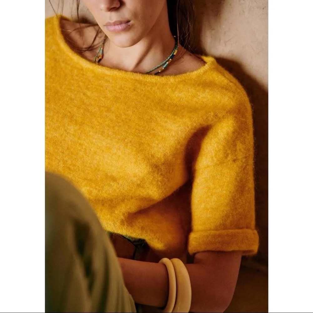 Sezane Mustard Yellow Fuzzy Boatneck Sweater - Picture 3 of 8